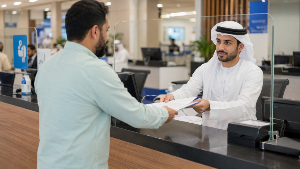 Seller completing vehicle ownership transfer paperwork at a UAE registration service center.
