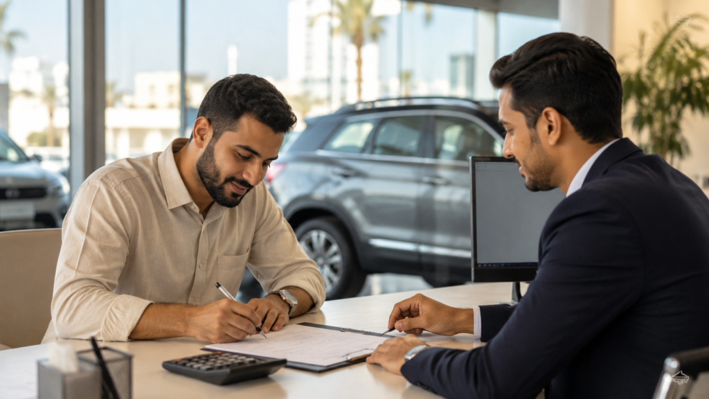 Buyer reviewing car financing paperwork with a dealership representative in the UAE