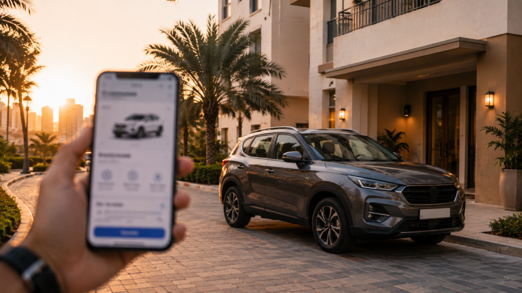 Modern SUV parked outside a UAE residence, representing flexible car subscription and leasing options