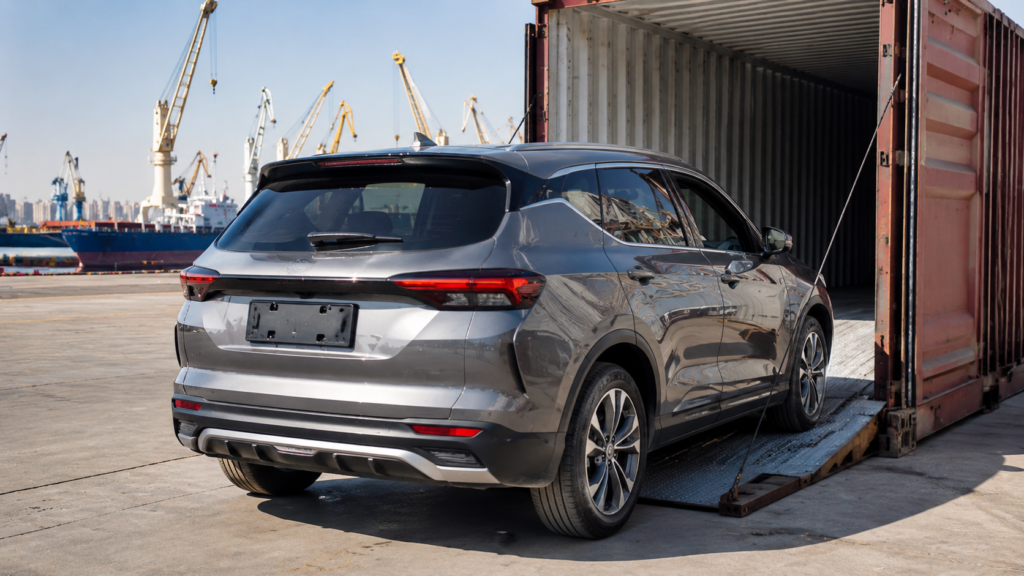 Car prepared for export from the UAE with number plates removed.