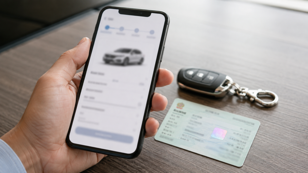 Smartphone showing a vehicle ownership transfer app next to a car registration card and key.