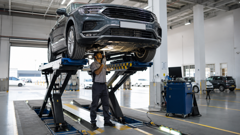 Car undergoing a roadworthiness inspection at a vehicle testing center in Dubai.