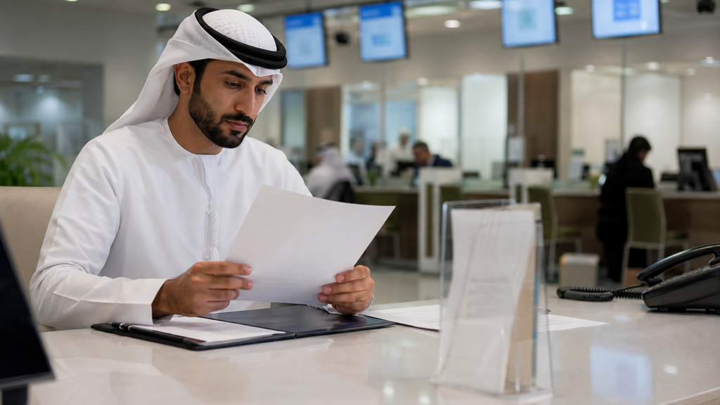 Reviewing vehicle ownership transfer documents in the UAE.