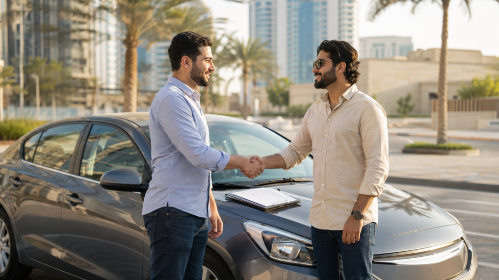 Seller and buyer completing a car sale handshake in the UAE