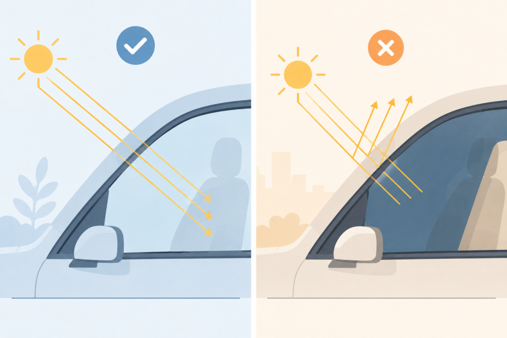 Illustration comparing standard tint light transmission versus reflective tint glare