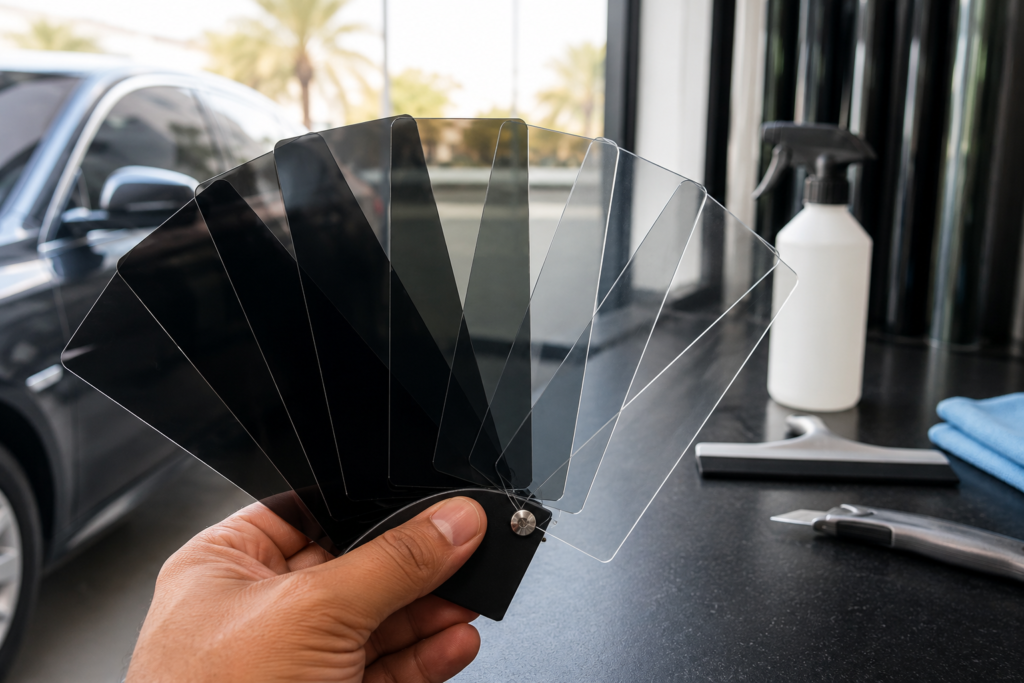 Sample swatches of different window tint film shades and types
