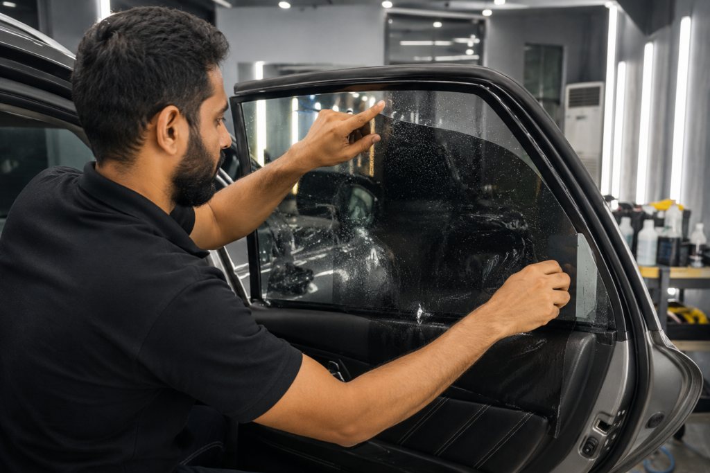 Technician professionally installing window tint film on a car in the UAE
