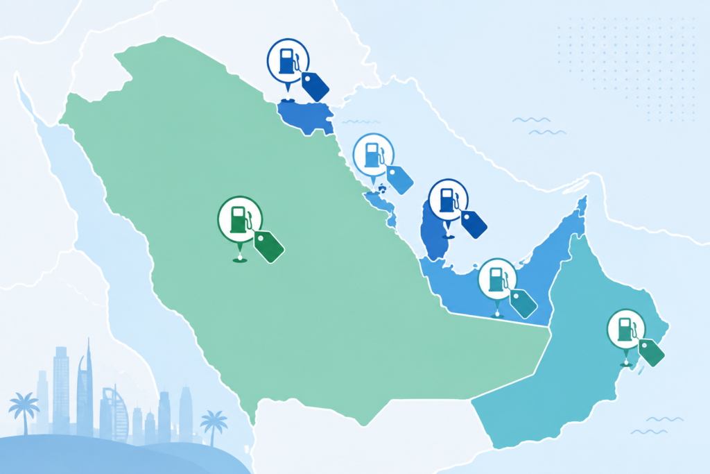 Illustrated map of Gulf countries with fuel pump icons representing regional petrol price comparison